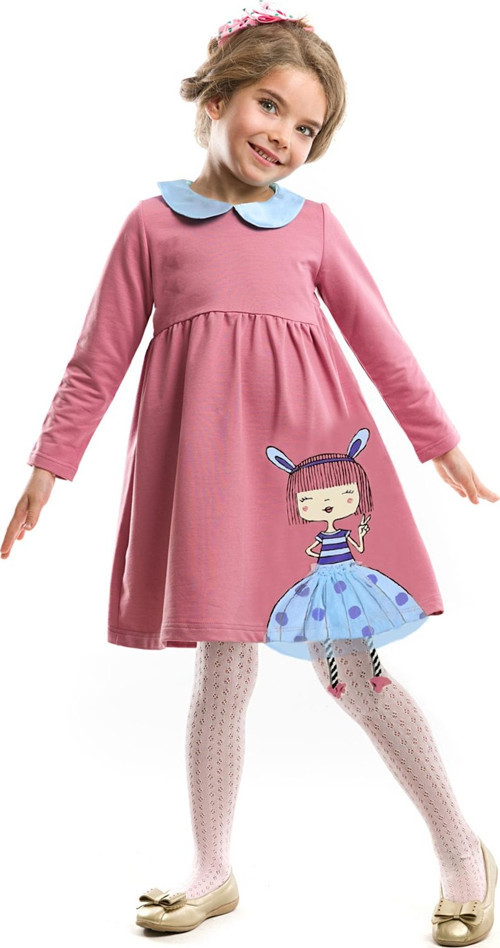 Tavşan Kız Çocuk Bebe Yaka Gülkurusu Uzun Kollu Elbise