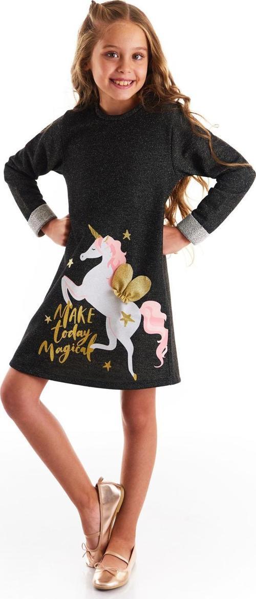 Siyah Kanatlı Unicorn Kız Çocuk Kışlık Elbise