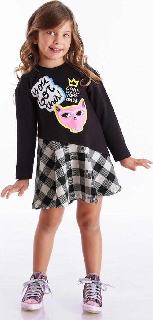 Siyah Havalı Kedi Ekoseli Kız Çocuk Asimetrik Kesim Kışlık Elbise