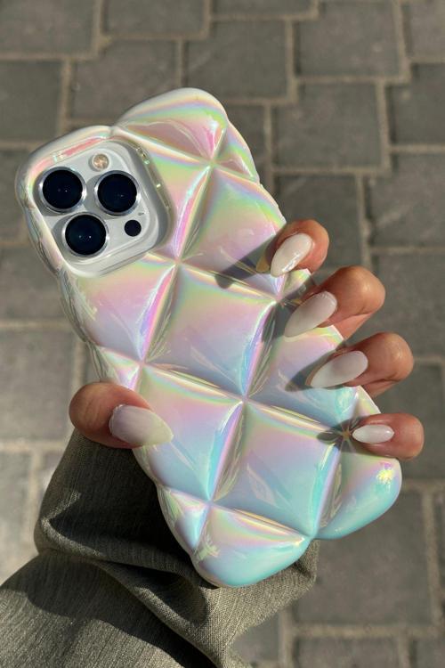 iPhone 15 Pro Max Uyumlu Kabartma Desenli 3D Darbe Emici Ultra Sağlam PUFY Kılıf BEYAZ