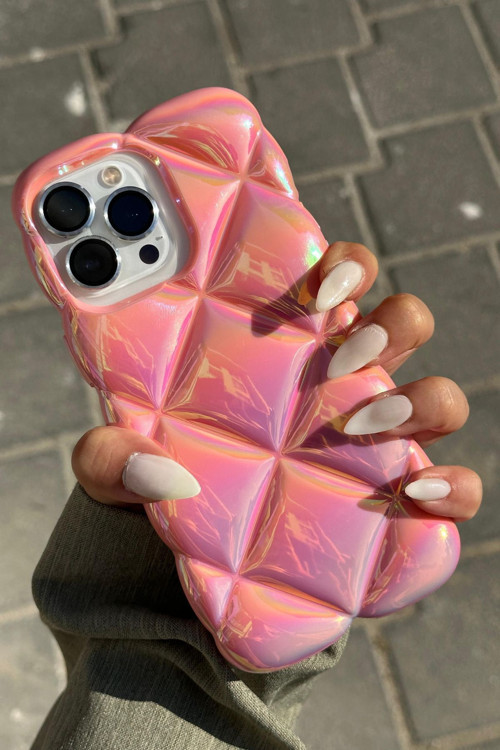 iPhone 14 Pro max Uyumlu Kabartma Desenli 3D Darbe Emici Ultra Sağlam PUFY Kılıf PEMBE
