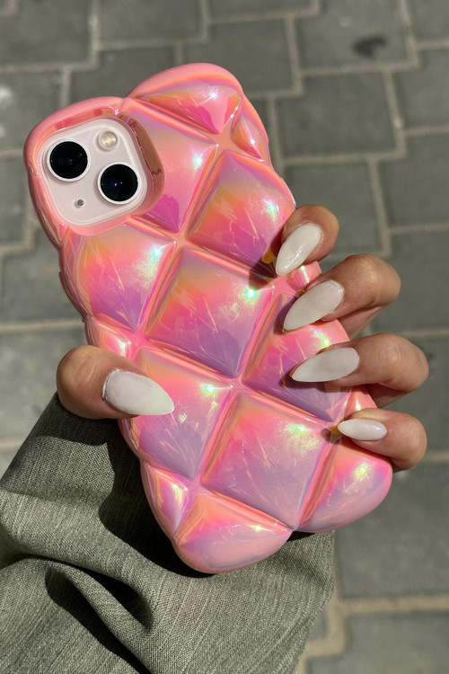 iPhone 15 Uyumlu Kabartma Desenli 3D Darbe Emici Ultra Sağlam PUFY Kılıf PEMBE