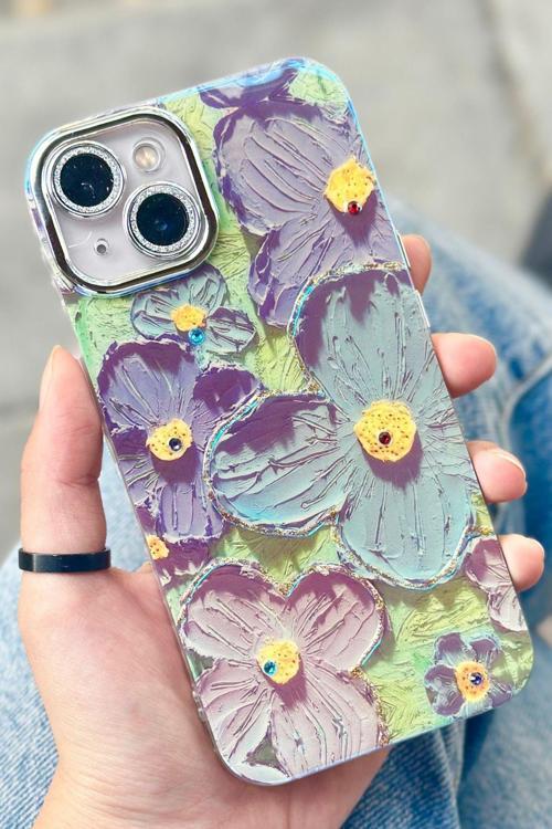 iPhone 15 Plus Çiçek Desenli Kendinden Lens Korumalı Elektrokaplama Parlak Şık Hologramlı Paint