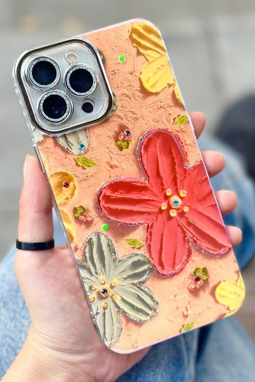 iPhone 15 Pro Max Çiçek Desenli Kendinden Lens Korumalı Elektrokaplama Parlak Şık Hologramlı Paint