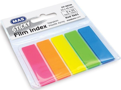 Film Index 12mm X 45 Mm 5 X 25 Cm Sayfa Pp 5 Renk Yapışkanlı Plastik Ayraç