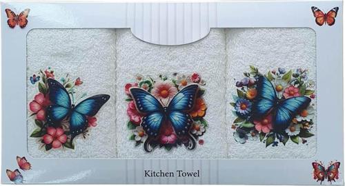 3 lü Kelebek Baskılı %100 Pamuklu Mutfak Havlusu 30 x 50 Cm
