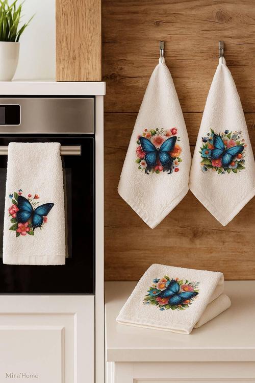 3 lü Kelebek Baskılı %100 Pamuklu Mutfak Havlusu 30 x 50 Cm