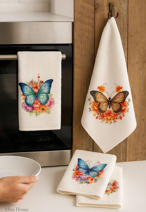 3 lü Kelebek Baskılı %100 Pamuklu Mutfak Havlusu 30 x 50 Cm