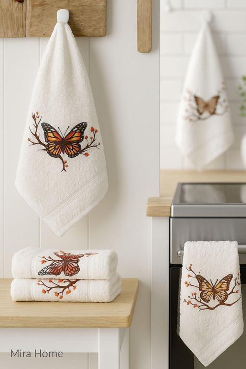3 lü Kelebek Baskılı %100 Pamuklu Mutfak Havlusu 30 x 50 Cm