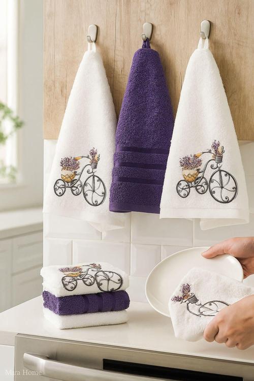 3 lü Lavanta Baskılı %100 Pamuklu Mutfak Havlusu 30 x 50 Cm