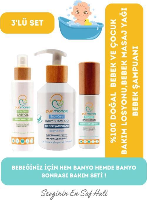 3'Lü Banyo Ve Banyo Sonrası Bakım Seti Bebek Bakım Losyonu , Bebek Masaj Yağı ,Bebek Şampuanı