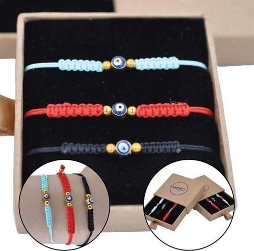 Nazar Boncuklu Kırmızı Mavi Siyah Renkli Ayarlanabilir Örgülü Hediyelik Bijuteri Elyapım İp