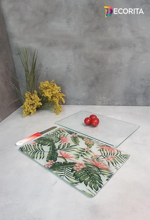 Cam Kesme Tahtası - Cam Kesme Tablası | 2'li Takım | Botanik Desen ve Saydam | 20cm x 30cm