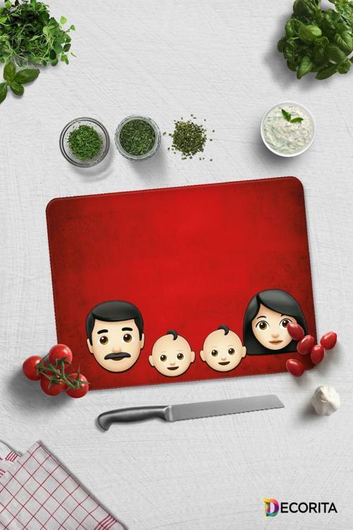 Cam Kesme Tahtası - Cam Kesme Tablası | Emoji Ailesi Anne & Baba & Çocuklar | 30cm x 40cm