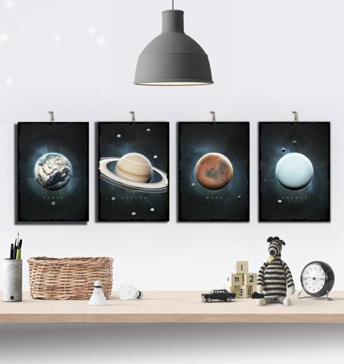 Güneş Sistemi Gezegenleri Temalı 4 Parçalı Ahşap Tablo Seti : 15x21cm