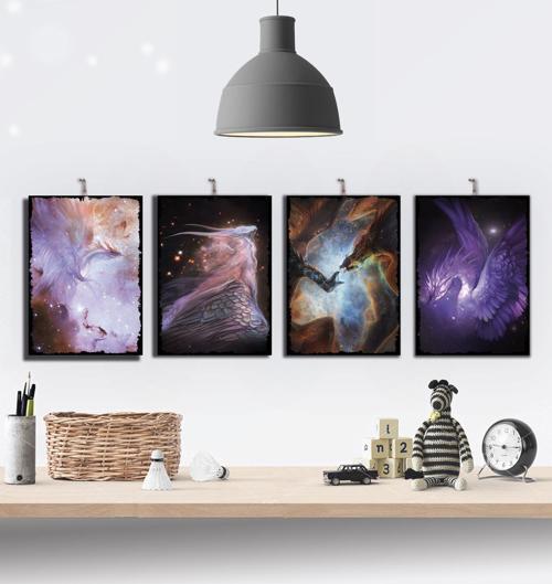 Mistik Ejderhalar 4 Parçalı Ahşap Tablo Seti : 15x21cm