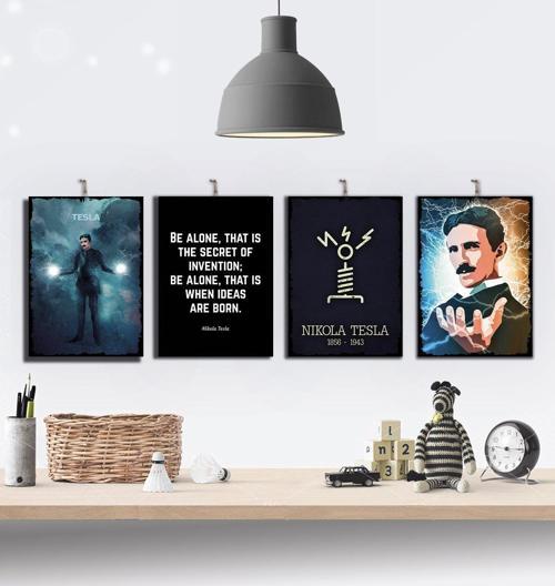 Nikola Tesla Temalı 4 Parçalı Ahşap Tablo Seti : 15x21cm