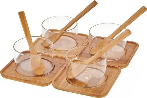 bambu tabaklı cam suffle seti - çok amaçlı altlıklı sunum kasesi 12 parça