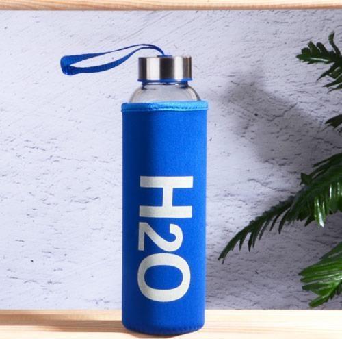 Kılıflı H2O cam matara - su matarası 500 ml suluk mavi
