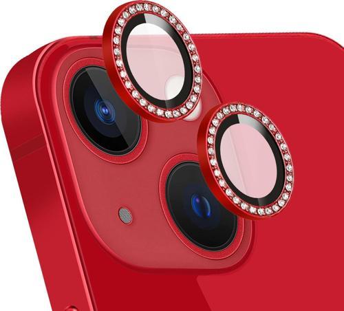 Apple iPhone 13 Taşlı Tasarım Temperli Cam Kamera Lens Koruyucu - Kırmızı