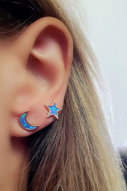 Opal Taşlı Ay Yıldız Figürlü 925 ayar Gümüş Rose Trend Küpe