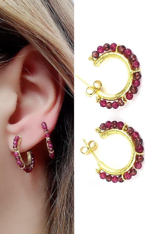 Kök Yakut Taşlı 925ayar Gümüş Üzerine Altın Kaplama Tasarım Yarim Halka Küpe