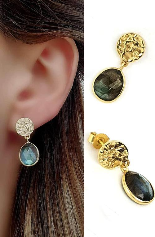 labradorit taşlı 925ayar gümüş tasarım gümüş üzerine altın kaplama küpe