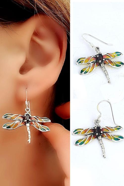 Granat Taş Detaylı yusufçuk Figürlü Özel Mineli Vitray İşçiliği 925ayar Gümüş Tasarım Küpe 