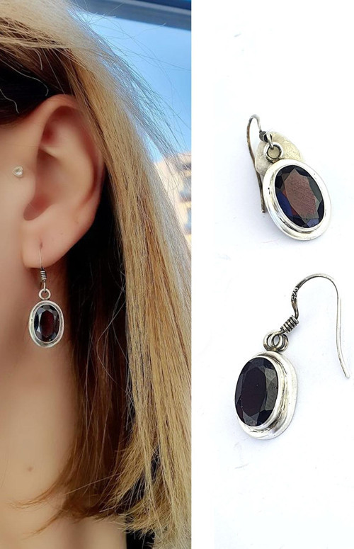 Granat Taşlı 925ayar Gümüş Oval Küpe