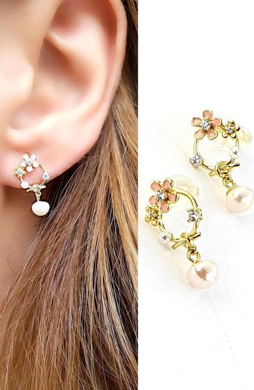 Pembe mineli İnci Detaylı 925ayar Gümüş üzerine Altın Kaplama Tasarım El İşi Küpe