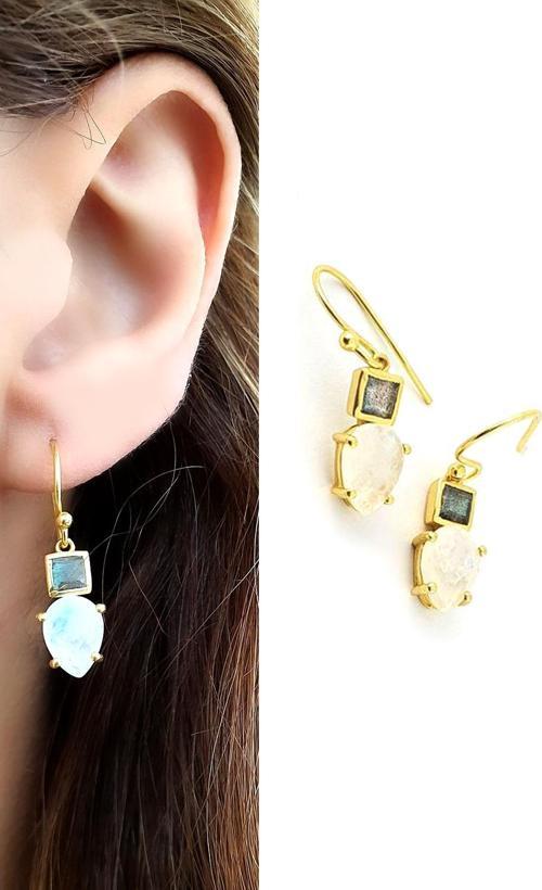 Labrodorite ve Ay taşlı 925ayar gümüş üzerine altın kaplama tasarım Doğal Taş Küpe 