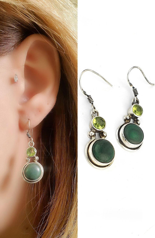 Peridot ve Malakit Taşlı 925ayar Gümüş Tasarım El İşi Küpe