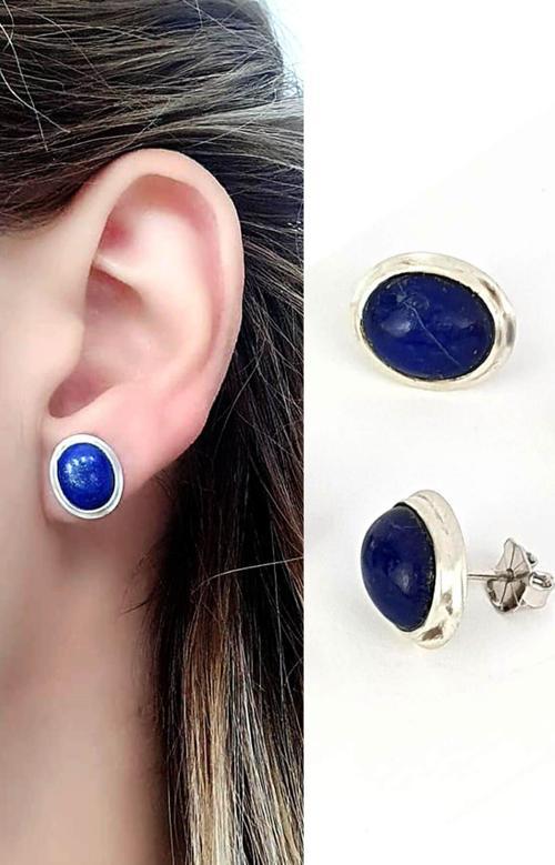 Lapis lazuli taşlı 925ayar gümüş tasarım el işi oval küpe 