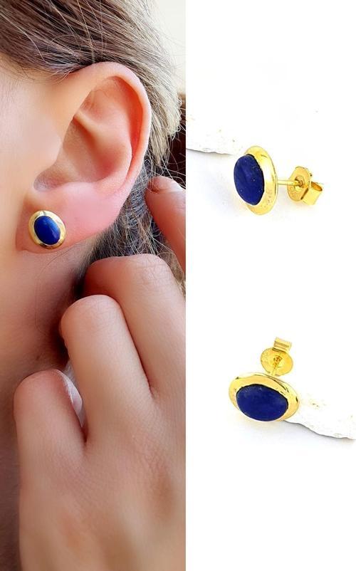 Lapis lazuli Taşlı 925ayar Gümüş Üzerine Altın Kaplama Tasarım Doğal Taş Minimal oval  Küpe