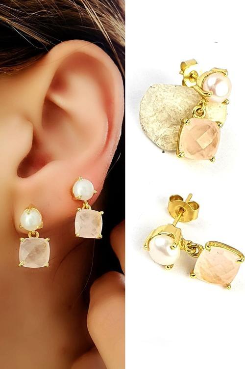 İnci ve pembe kuvars taşlı 925ayar Gümüş Üzerine Altın Kaplama Tasarım Doğal Taş Küpe 