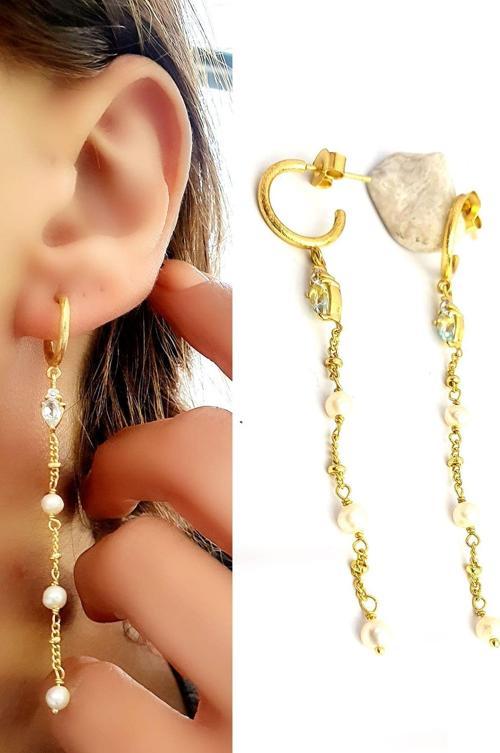 Mavi topaz ve incili 925ayar gümüş üzerine altın kaplama tasarım küpe