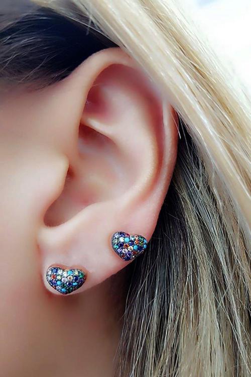 Renkli zirkon taşlı kalpli Minimal Gümüş Küpe