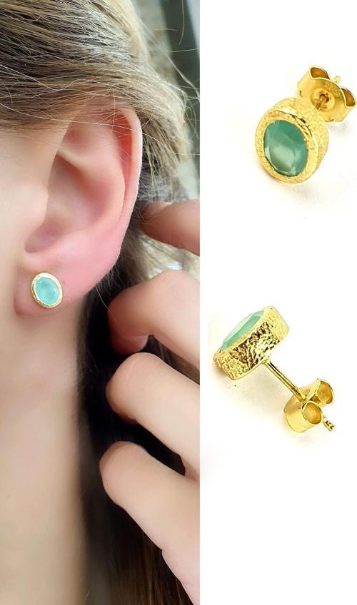 Kalsedon Taşlı 925ayar Gümüş Üzerine Altın Kaplama Tasarım Doğal Taş Oval küpe