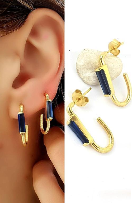 Safir Taşlı 925ayar Gümüş Üzerine Altın Kaplama Tasarım Doğal Taş Halka Küpe