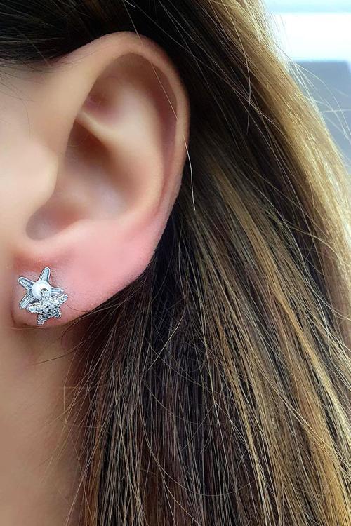 Deniz Yıldızı Figürlü 925 ayar Gümüş Tasarım İnci Küpe