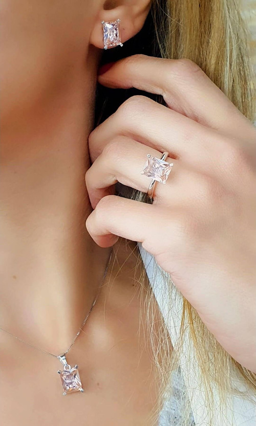 Sky Diamond Pink Morganit Taşlı 925 ayar Gümüş Lüks Set