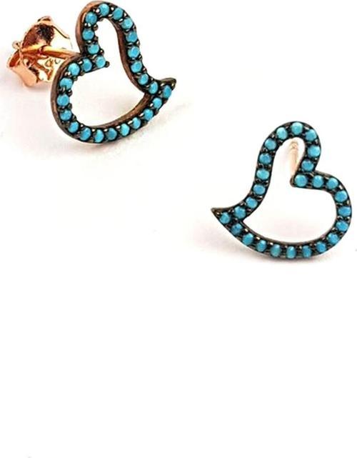 Turkuaz taşlı gümüş üzerine rose altın kaplama kalpli küpe