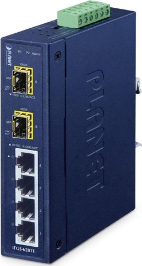 Industrial 4-Port 10/100BASE-TX + 2-Port 1000BASE-X SFP Ring Ethernet Switch (-40 to 75 degree C, du