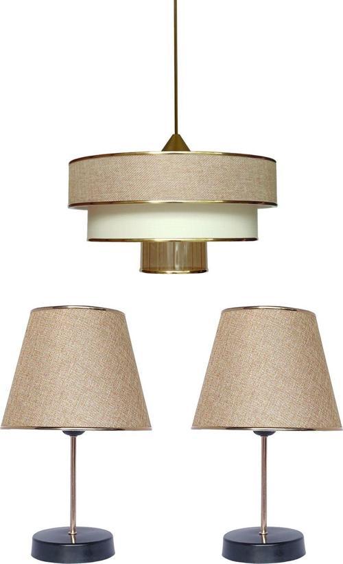 71-80 Cm Myk Avize Ve Abajur Seti Koyu Bej Ma12 Kumaş Altın Salon / Oturma Odası 30 E27 Modern 1