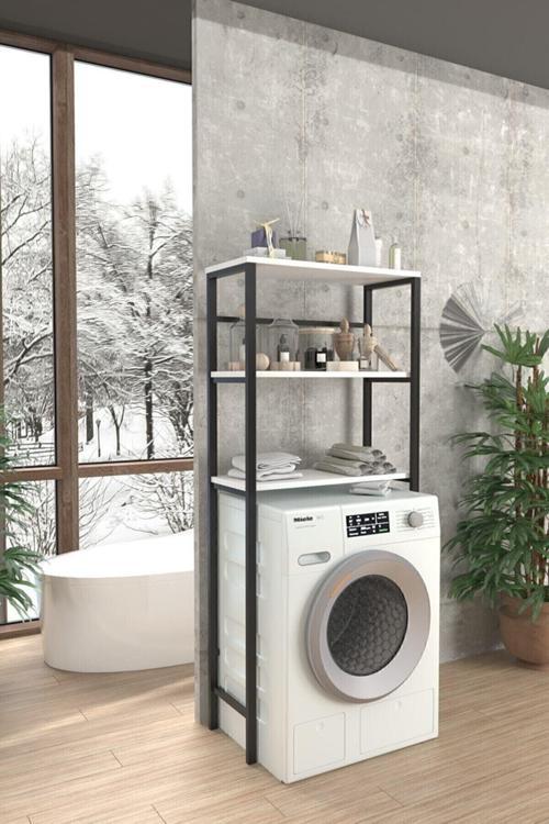 Beyaz Royal Çamaşır Makinası Üstü Düzenleyici Raf 3 Raflı Banyo Düzenleyici