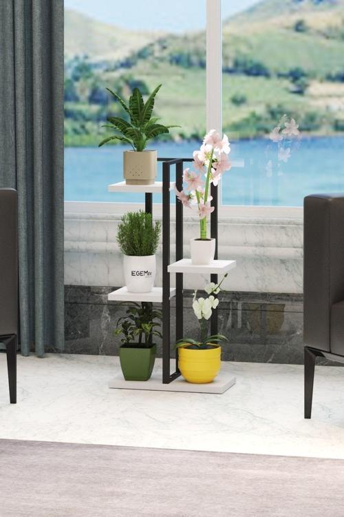 Çiçeklik Dekoratif Saksılık Ahşap Saksılık Dekoratif 5 Bölmeli Metal Çiçeklik Saksı Standı