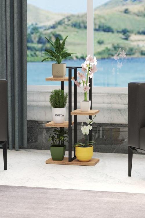 Çiçeklik Dekoratif Saksılık Ahşap Saksılık Dekoratif 5 Bölmeli Metal Çiçeklik Saksı Standı