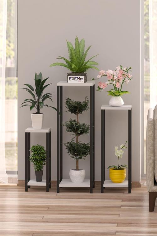 Saksılık 3Lü Set Metal Çiçeklik Saksılık Dekoratif Yan Sehpa Saksı Standı Bahçe Balkon Masası
