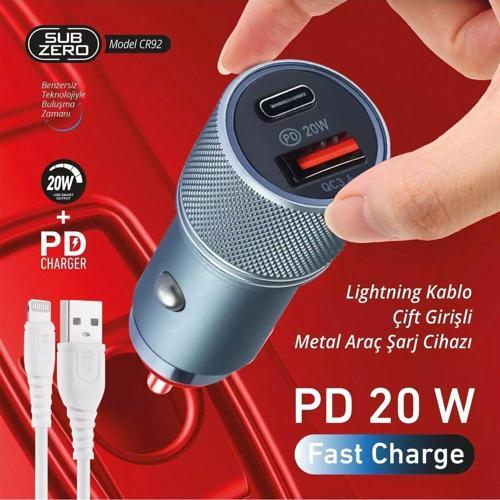 20W 3.4A Hızlı Pd+Usb Çıkışlı İphone Araç Şarj Aleti