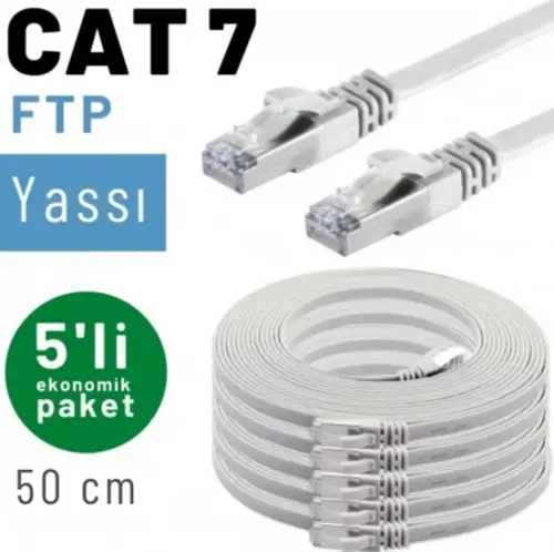 5 adet 50 cm IRENIS CAT7 Kablo Yassı FTP Ethernet Network LAN Kablosu, Beyaz 